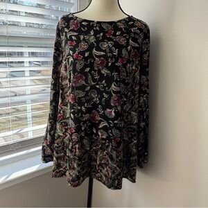 J. Jill Sz Small Black Tunic Top Dark Paisley Boho Design Long Sleeve